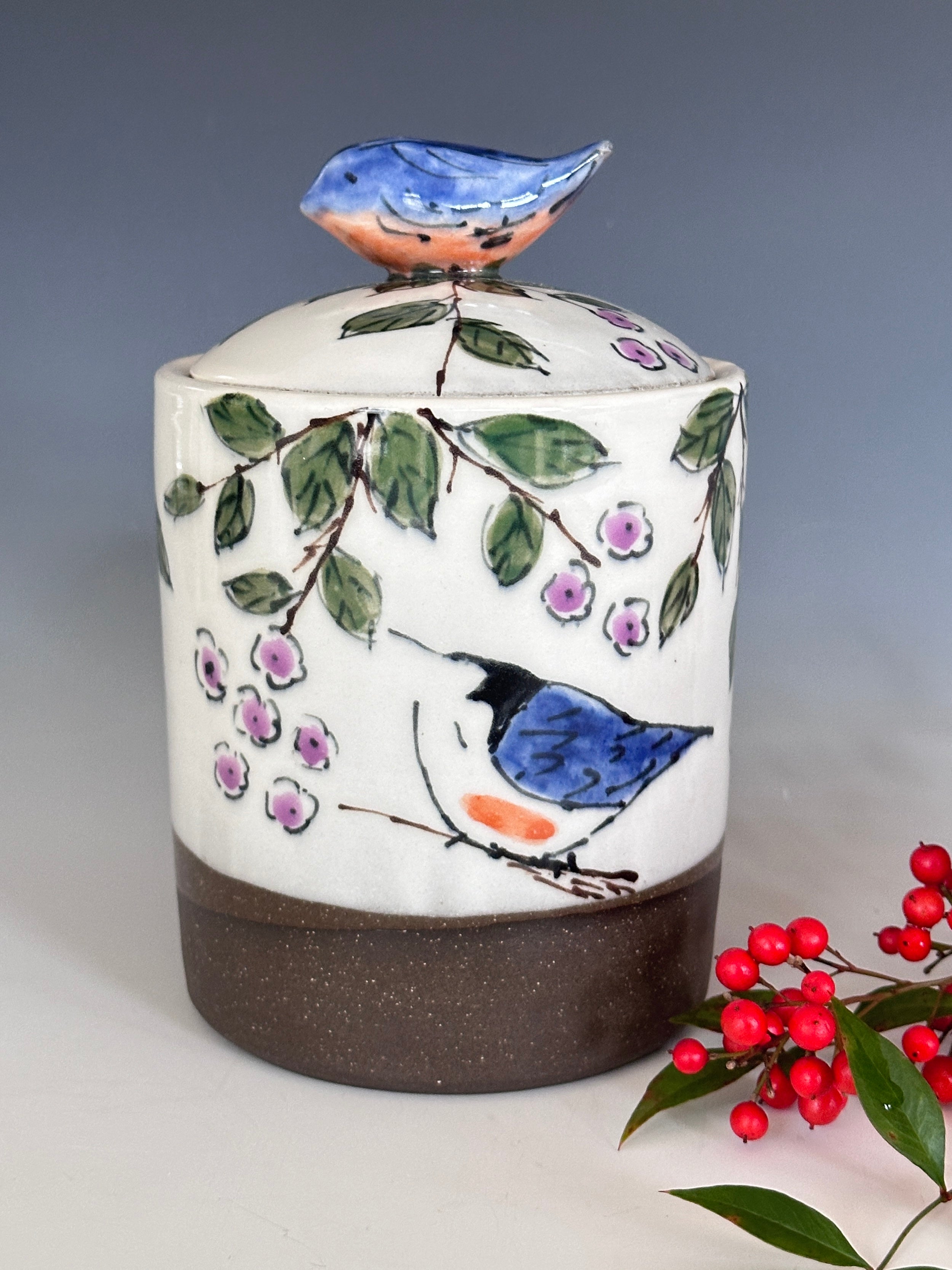 Hand Painted Whimsical Birds Jar