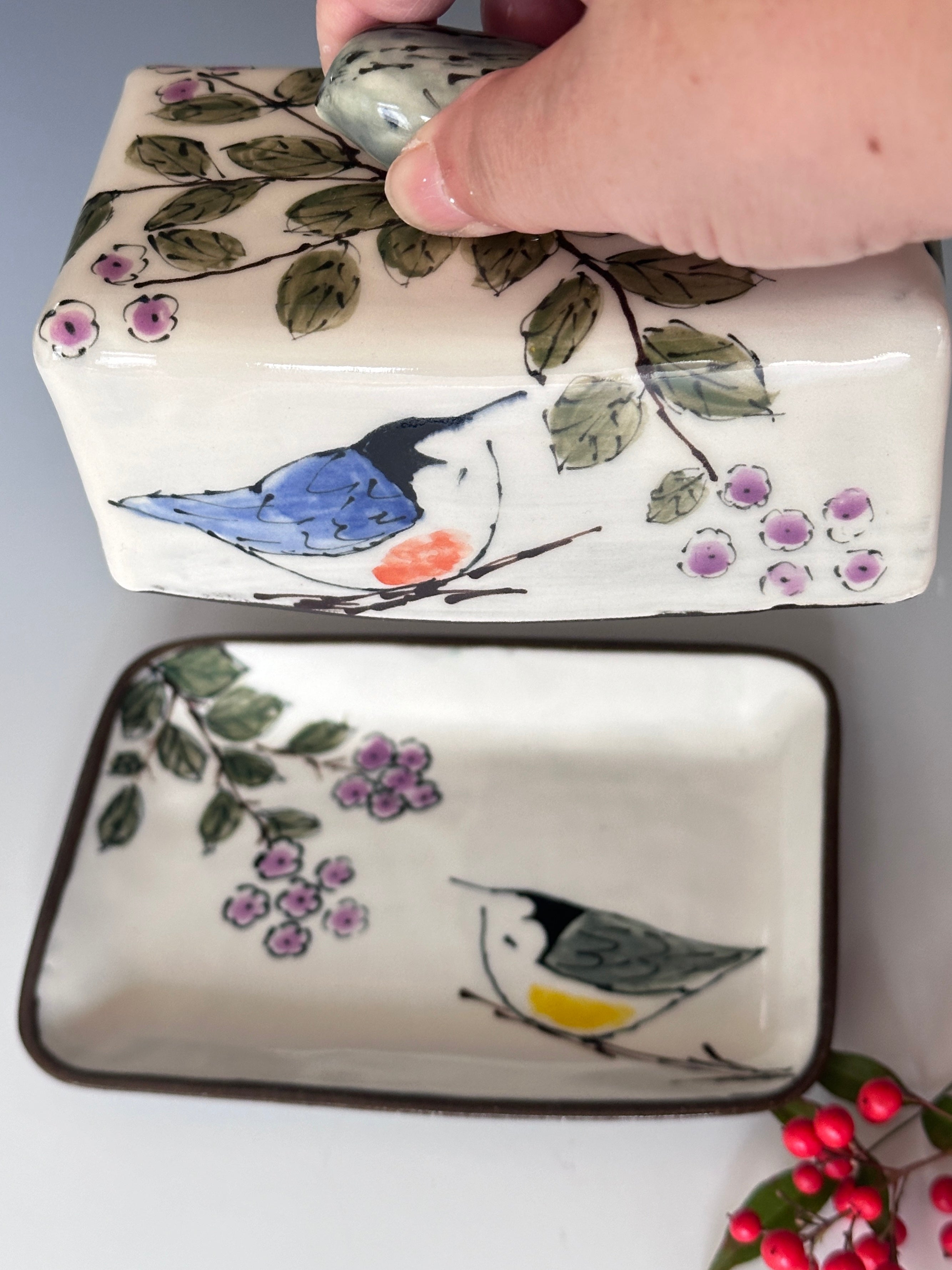 PREORDER ONLY - Hand Painted Whimsical Birds Butter Dish