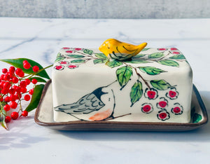 Hand Painted Whimsical Birds Butter Dish